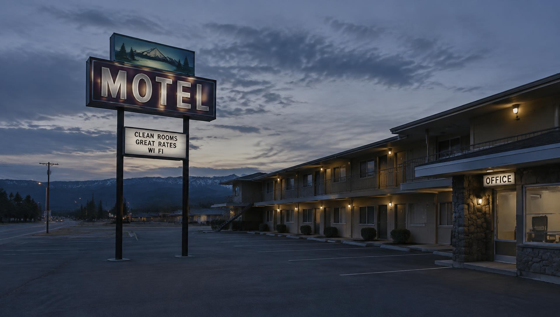 An empty roadside motel at dusk